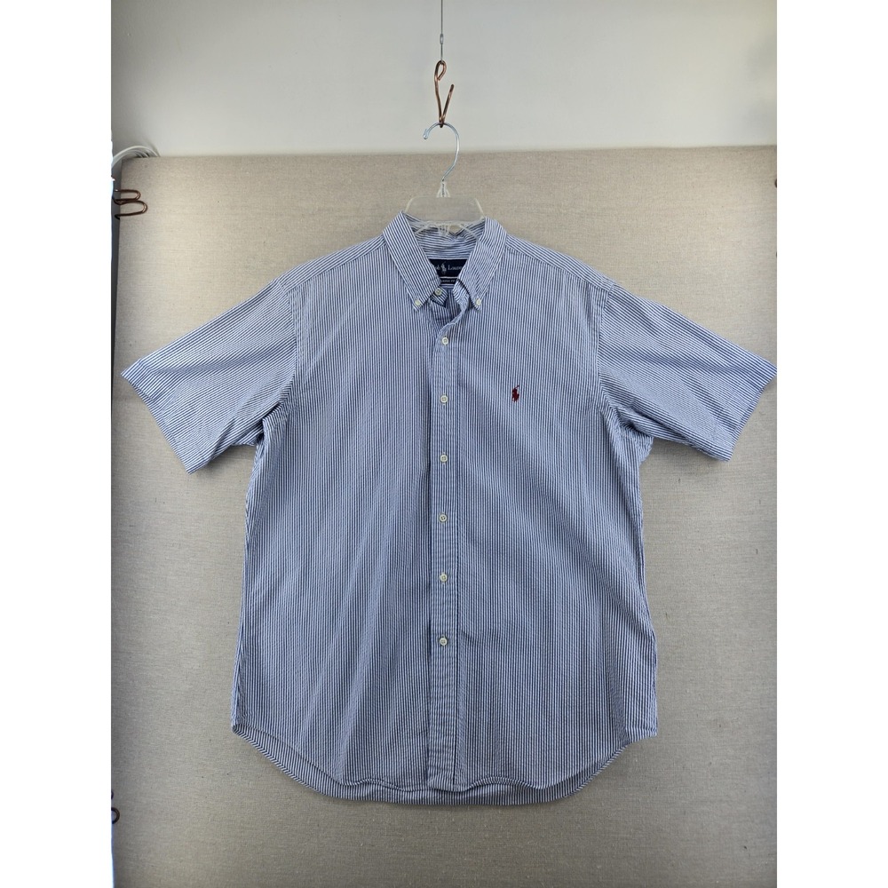 Ralph Lauren Classic Fit Seersucker Shirt Mens Size Large Blue White Stripe